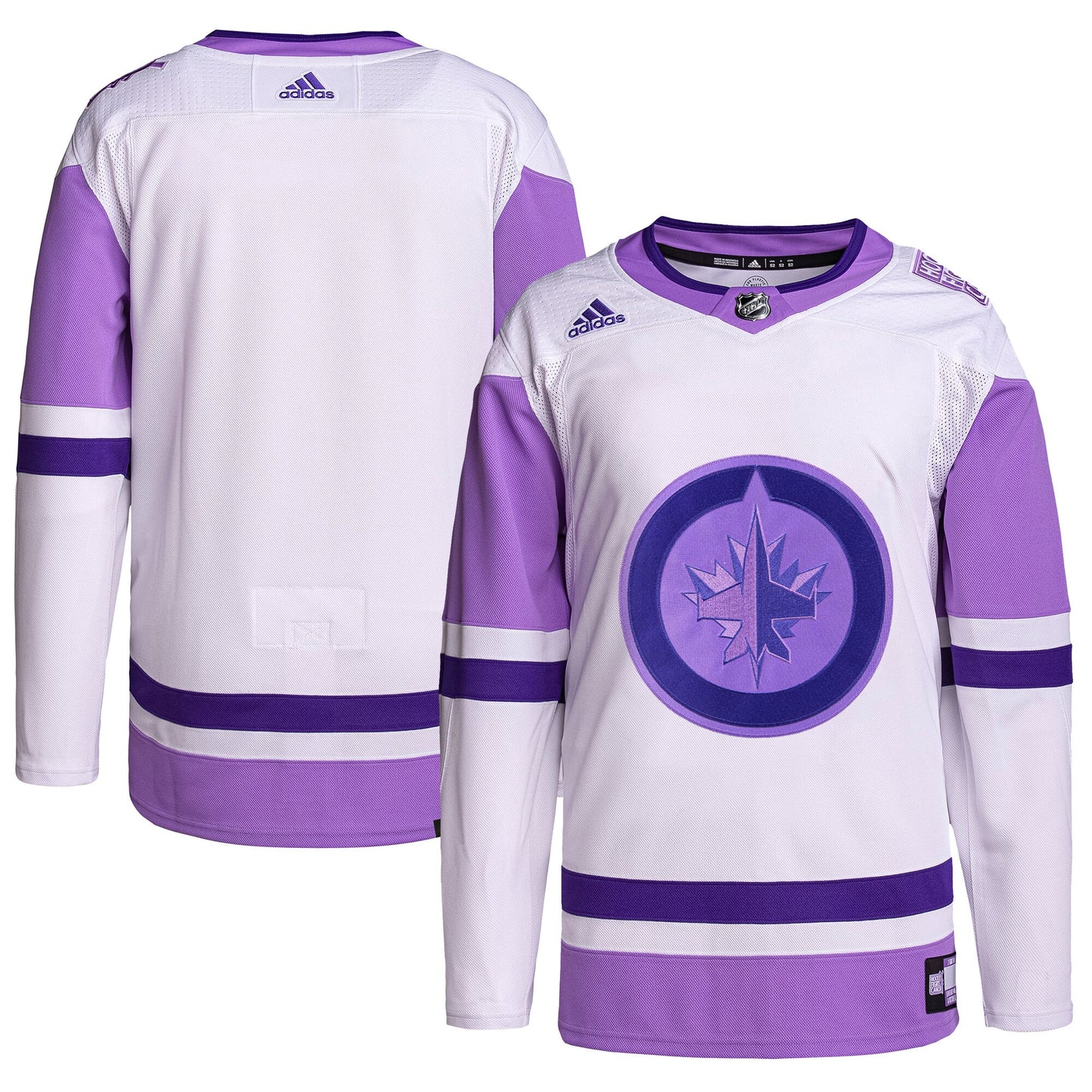 Winnipeg Jets adidas Hockey Fights Cancer Primegreen Authentic Blank Practice Jersey - White/Purple